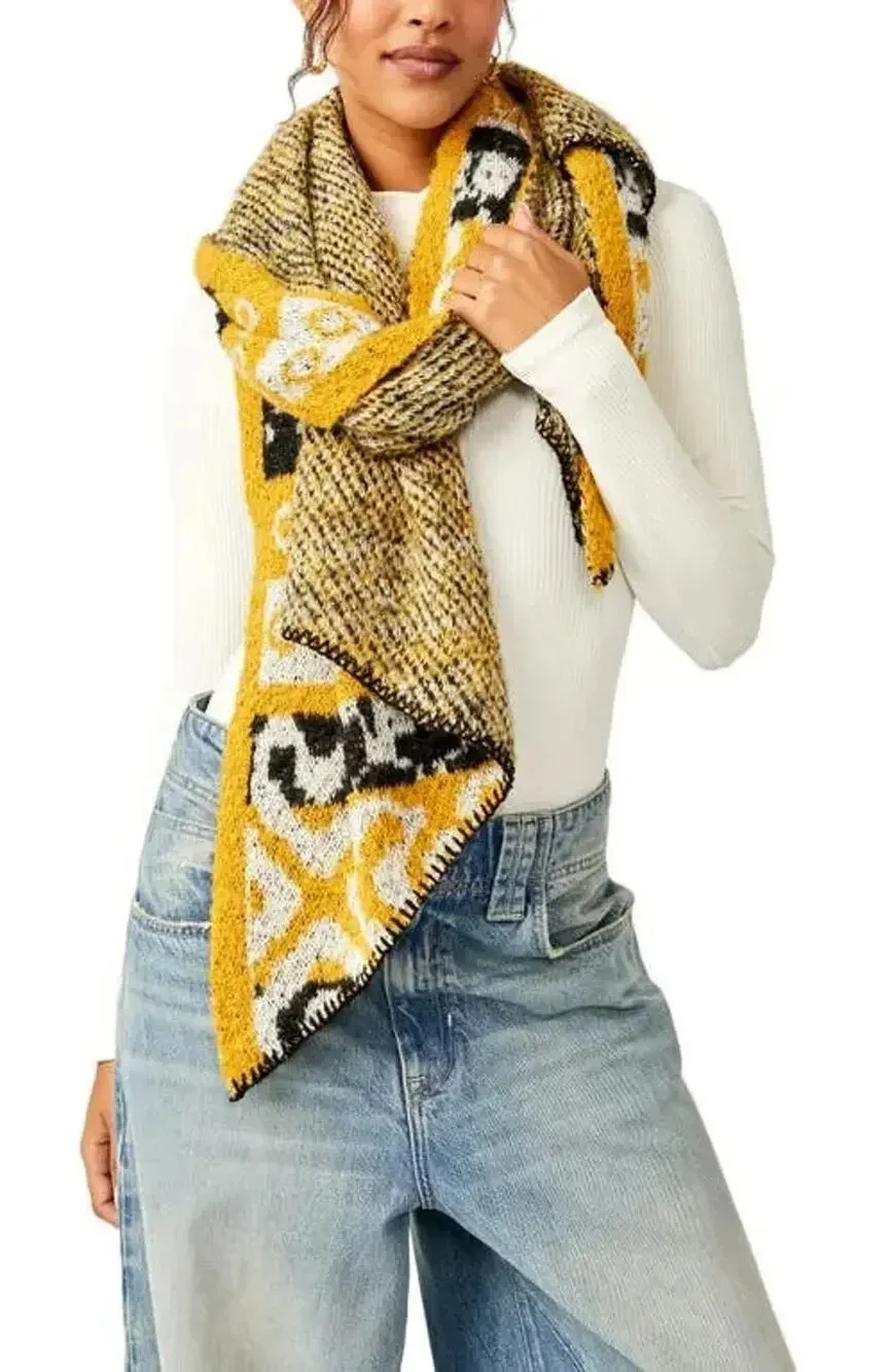 NWT Free People Cottage Fairisle Blanket Scarf Size All Mustard Black White Knit